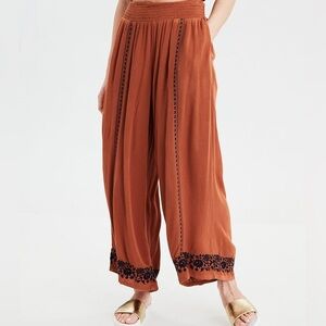 American Eagle Boho Embroidered High Waisted Palazzo Pants Brown Rust Size Large